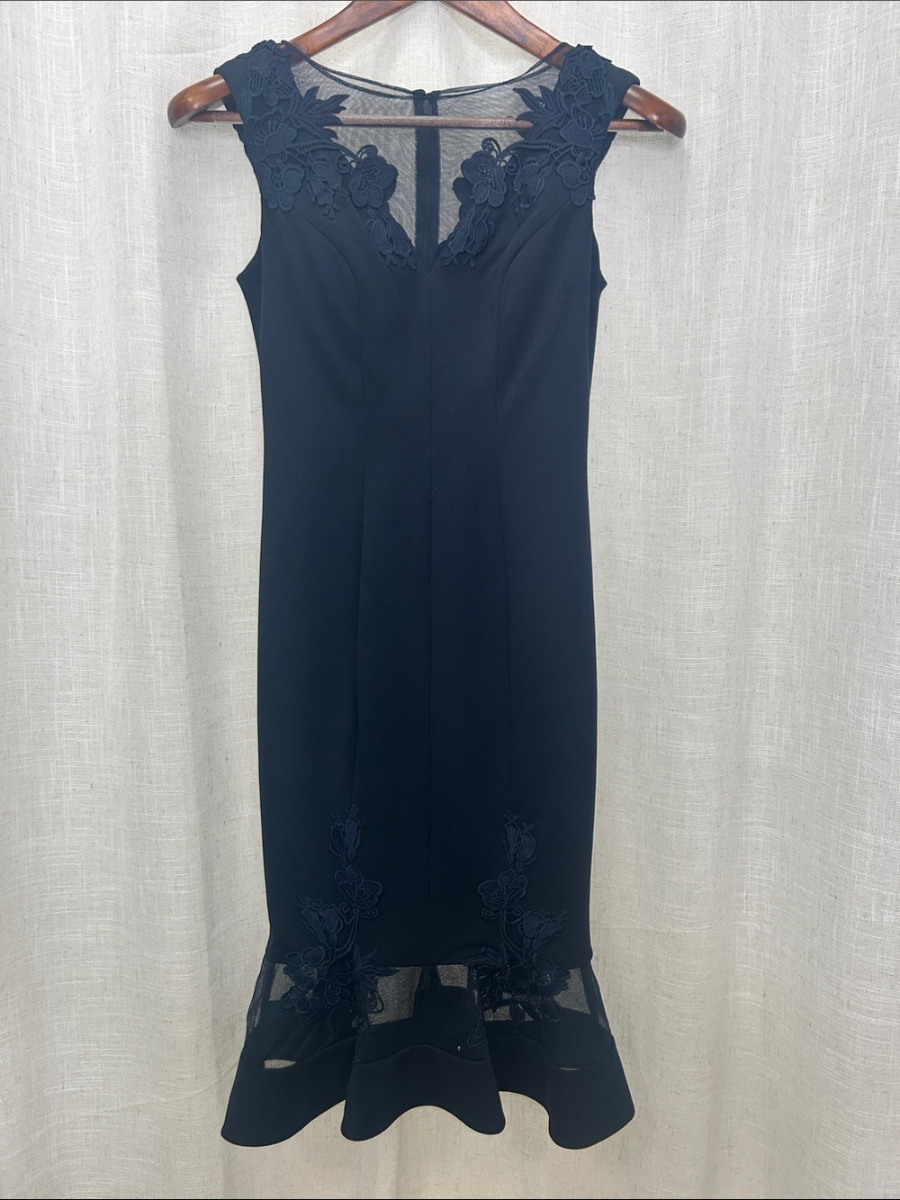 Aidan Mattox Navy Blue Sleeveless Appliqué Lace-Trim Midi Dress Size 0